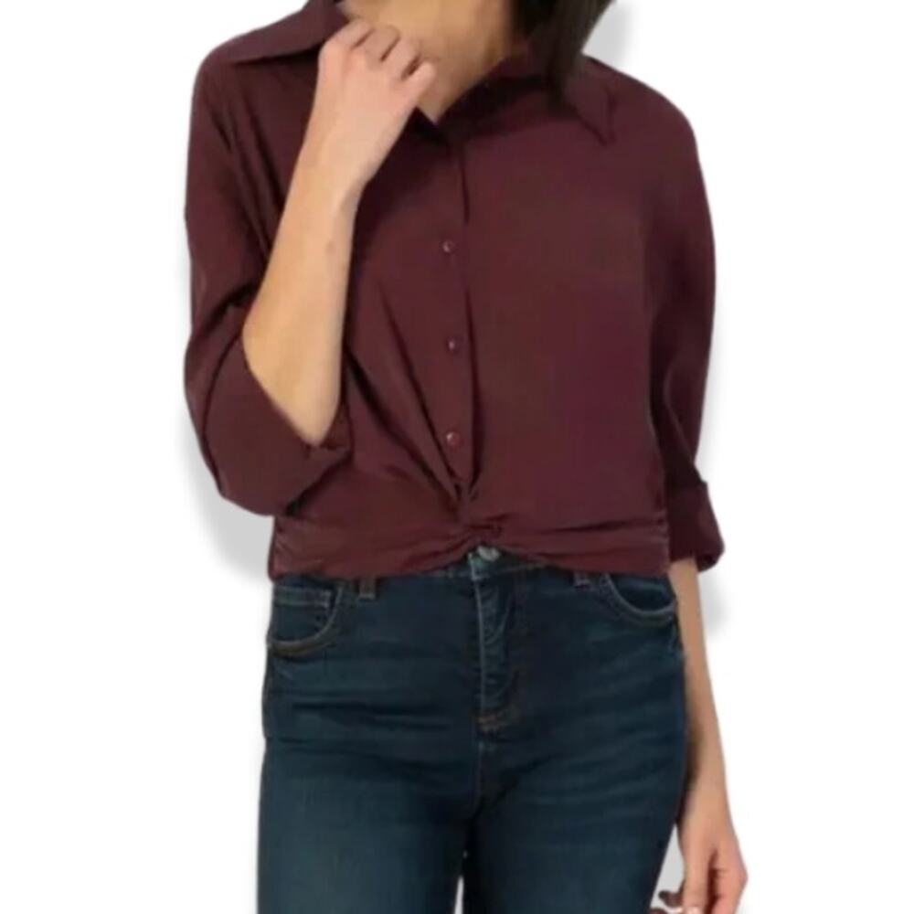 Kut From The Kloth Collared Long Sleeve Button Up Twist Front Purple Small NWOT